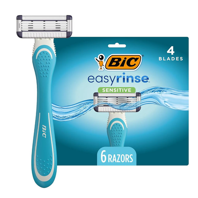 BIC EasyRinse Sensitive Anti-Clogging Men's Disposable Razors, Clinically Proven for Sensitive Skin, Shaving Razors With 4 Blades, 6 Count