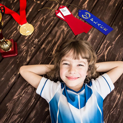 180 Pieces Award Ribbons 1st, 2nd, 3rd Place Flat Carded Set First Place Prizes with Event Card and Rope for Competition, Sports Event, School, Contests, Blue Red White