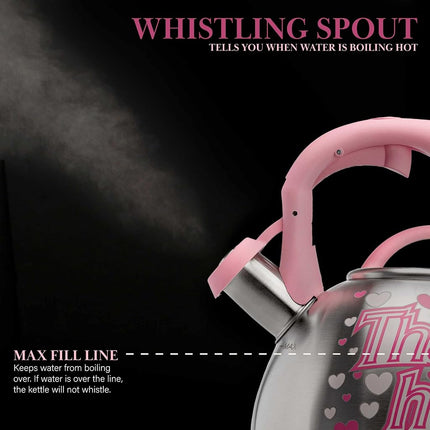 Paris Hilton Whistling Stovetop Tea Kettle, Stainless Steel with Color Changing That's Hot Heat Indicator Design, Soft Touch Handle, 2.5-Quart, Pink