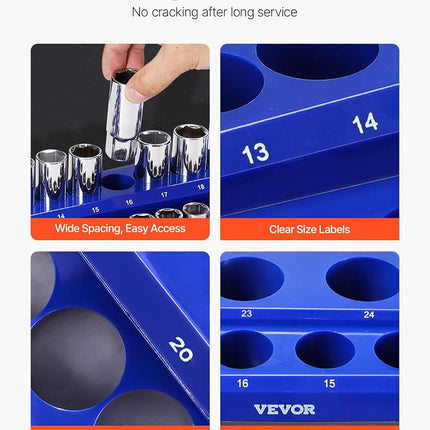 VEVOR Magnetic Socket Organizer Set, 8PCS Socket Holder, 1/4'', 3/8'' & 1/2'' Metric SAE Socket Trays with Clear Labels, Hold up to 199PCS Standard & Deep Sockets, Blaue & Red (Sockets Not Included)