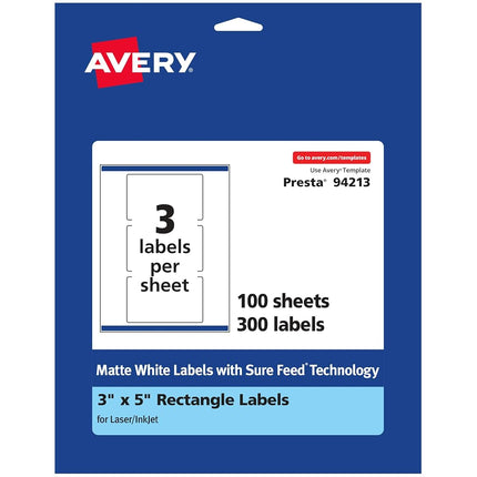Avery Matte White Rectangle Labels with Sure Feed, 3" x 5", 300 Matte White Printable Labels