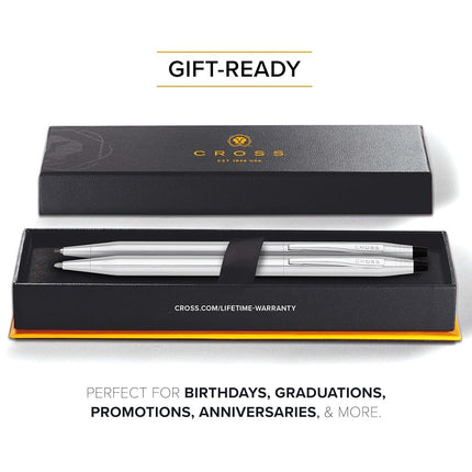 CROSS Classic Century Lustrous Chrome Pen and Pencil Set incl. Premium Gift Box / Refillable Medium Ballpen & 0.7 mm Pencil
