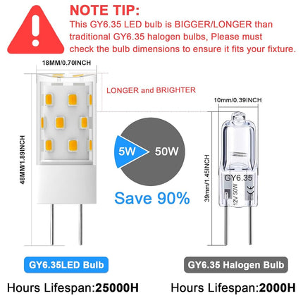 TAIYALOO Bombilla LED GY6.35 5W Equivalente a Bombilla Halógena de Base Bipin 50W, AC/DC 12V Blanco Cálido 3000K para Lámpara Colgante, Araña, Lámpara de Escritorio, Luces de Acento, Iluminación de Paisaje, No Regulable (Paquete de 4)