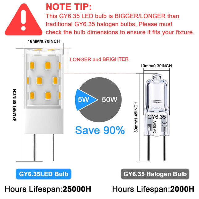 TAIYALOO Bombilla LED GY6.35 5W Equivalente a Bombilla Halógena de Base Bipin 50W, AC/DC 12V Blanco Cálido 3000K para Lámpara Colgante, Araña, Lámpara de Escritorio, Luces de Acento, Iluminación de Paisaje, No Regulable (Paquete de 4)