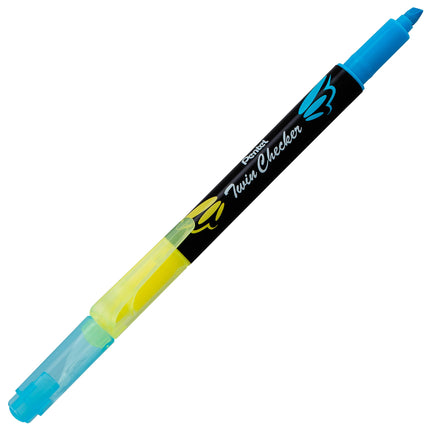Pentel Twin Checker Marcador doble, Punta cincel, Tinta amarilla/azul, Paquete de 12 (SLW8-GS)