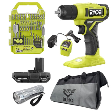 Juego de taladro RYOBI 18V ONE+ con taladro/atornillador, batería de 1.5 Ah, cargador, juego de 40 brocas, bolsa de herramientas