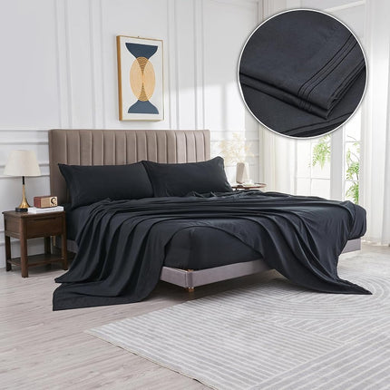 WODFAMY Parure de draps en microfibre de taille standard, très douce, poches profondes, draps noirs de luxe pour hôtel, respirante et rafraîchissante, infroissable, parure 4 pièces pour lit double