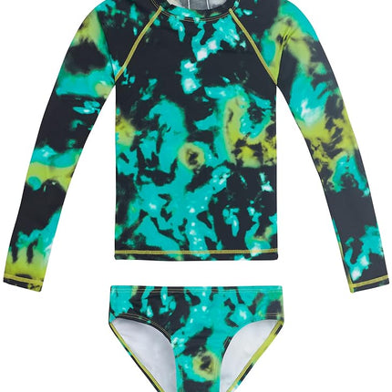 Kanu Surf Girls Long Sleeve Rashguard UPF 50 Two Piece Swim Set, Hurricane Black/Green, 10