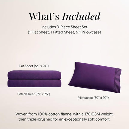 Tribeca Living Twin Luxury Solid Flannel Deep Pocket Sheet Set, Dark Purple