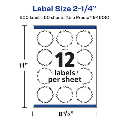 Avery Durable Waterproof Starburst Labels with Sure Feed, 2.25", 600 Oil and Tear-Resistant Waterproof Labels, Print-to-The-Edge, Laser/Pigment-Based Inkjet Printable Labels