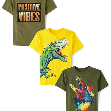 The Children's Place Boys' Dino Short Sleeve Graphic T-Shirts, Multipack, Positive Vibes/Dino/Alligator, Large
