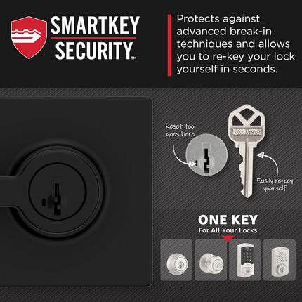 Kwikset Casey Entry Door Handle with Lock and Key, Secure Keyed Reversible Lever Exterior, for Front Entrance and Bedrooms, Matte Black, Pick Resistant Smartkey Rekey Security and Microban
