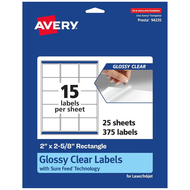 Avery Glossy Clear Rectangle Labels with Sure Feed, 2" x 2-5/8", 375 Glossy Clear Labels, Laser/Inkjet Printable Labels