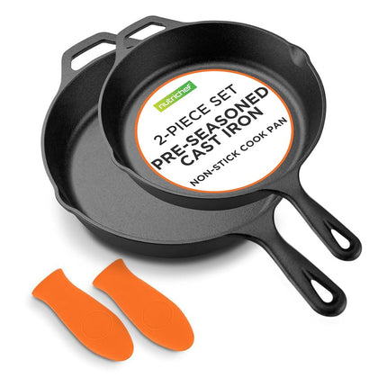 NutriChef Cast Iron Skillet Set 25/30cm, Silicone 