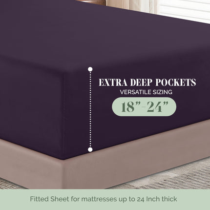 Elegant Comfort Luxurious 1500 Premium Hotel Quality Microfiber 4-Piece Sheet Set, 18-24 Inches Deep - Extra Deep Pocket Sheets - Ultra Soft 4PC Deep Pocket Sheets, Queen, Eggplant-Purple