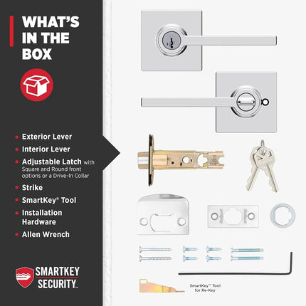 Kwikset Casey Entry Door Lock Lever, Secure Keyed Exterior Entrance, with Reversible Handle, SmartKey Re-Key Security Technology and Microban Protection in Polished Chrome