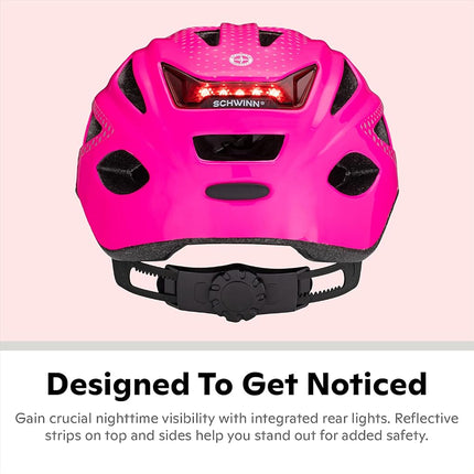 Casque de vélo adulte Schwinn Beam LED, conception réfléchissante pour la sécurité à vélo, coque légère Mircoshell, ajustement Dial-Fit, 58-62cm, rose brillant