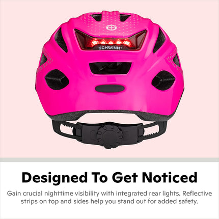 Schwinn Beam LED Lighted Adult Bike Helmet, Reflective Design for Cycling Safety, Lightweight Mircoshell , Dial-Fit Adjustment, 58-62cm, Gloss Pink