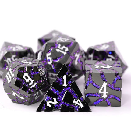 Metal Dice for DND - Ancient Cracked - Black Purple Glitter Cracks