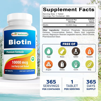 Best Naturals Biotin (Also Called Vitamin B7), 10,000 mcg 365 Tablets (365 Count (Pack of 2))