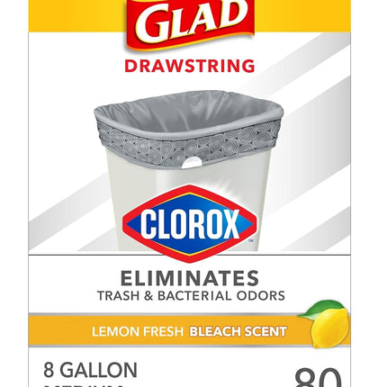 Glad Medium Drawstring Trash Bags with Clorox, 8 Gallon Grey Trash Bags, Lemon Fresh Bleach Scent, (Package May Vary), Lemon, 80 Count
