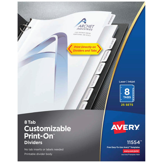 Avery 8-Tab Print-On Binder Dividers, White Tabs, 