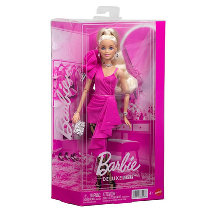 Barbie Deluxe Style Doll #15 in Hot Pink Barbiecore Dress, Blonde High Ponytail, Black Lace Tights, Silver Clutch, and Silver Jewelry, JJN73