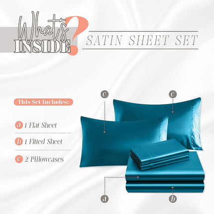 Parure de draps luxueuse en satin soyeux 4 pièces Elegant Comfort, douce pour la peau et les cheveux, infroissable, résistante à la décoloration et aux taches, avec drap-housse à poches profondes, fraîcheur et douceur, lit simple, turquoise