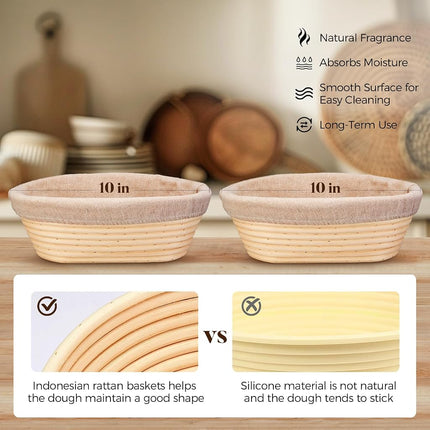 Cestas Banneton para fermentar pan y accesorios para hornear - Kit de masa madre ovalado de 10", juego de 2, 6 accesorios