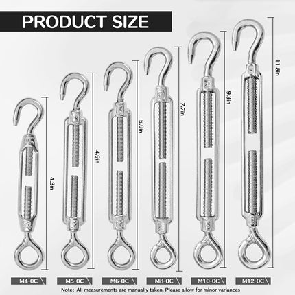 High-PQ Stainless Steel Turnbuckle Tensioner, Heavy Duty Turnbuckles, Hook and Eye Turnbuckle for Cable Tent Installation Sun Shade Gardening Decoration（M8,6PCS）