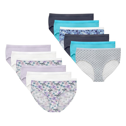 Hanes Brief Underwear, Stretch Cotton Panties for Girls, Assorted, 12-Pack, White, Purple, Blue, Grey, Floral Print, Dot Print, Tie-dye Print, 8