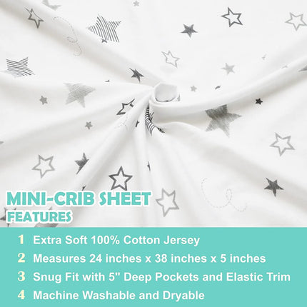 TL Care 100% Natural Cotton Value Jersey Knit Fitted Portable/Mini-Crib Sheet, Super Stars, Soft Breathable, for Boys & Girls