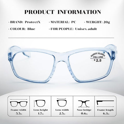 ProtectX Stylish Anti-Fog & Scratch-Resistant Safety Glasses With Readers, UV Protection Goggles, Anti-Impact Lightweight Glasses for Men＆Women Blue Reading Full Lens 2.5