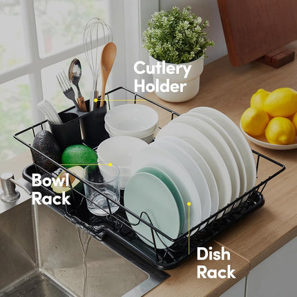 Sweet Home Collection Drying and Storage-Includes Cutlery Holder and Drainboard-Maximize Countertop Space, Metal Plastic, Black