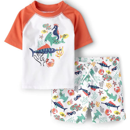 Ensemble deux pièces maillot de bain et t-shirt anti-UV à manches courtes The Children's Place pour bébés garçons et tout-petits, motif requins et amis, 18-24 mois