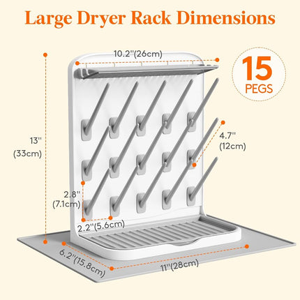 Lifewit 15-Hooks Baby Bottle Drying Rack with Drain Mat for Countertop