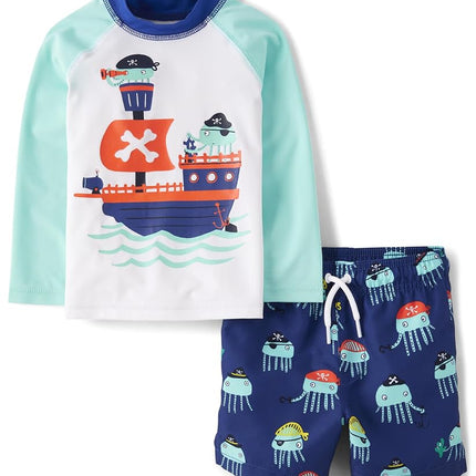 The Children's Place Ensemble 2 pièces rashguard à manches longues et maillot de bain pour garçons et tout-petits, Pieuvre Pirate, 2T