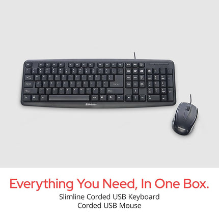 Verbatim Slimline Wired Keyboard and Mouse Combo USB Plug-and-Play Numeric Keypad Adjustable Tilt Legs Optical Corded Mouse Full-Size Computer Keyboard Compatible with PC, Laptop - FFP Packaging Black