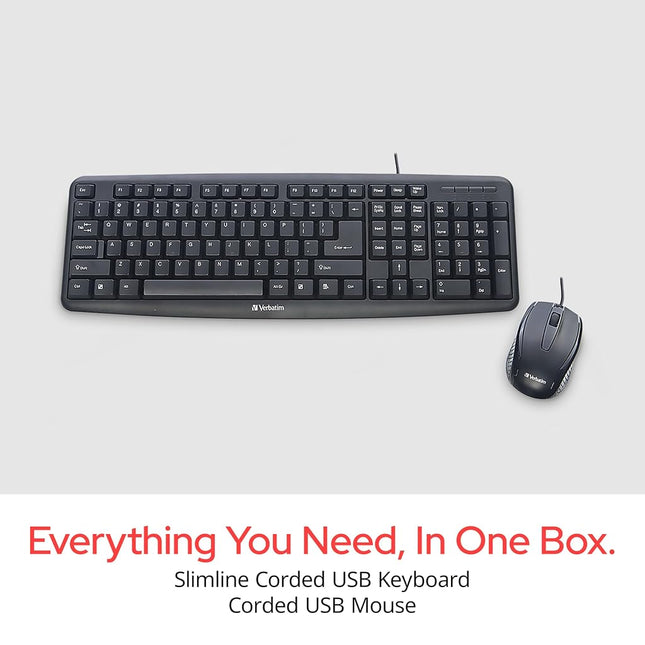Verbatim Slimline Wired Keyboard and Mouse Combo USB Plug-and-Play Numeric Keypad Adjustable Tilt Legs Optical Corded Mouse Full-Size Computer Keyboard Compatible with PC, Laptop - FFP Packaging Black