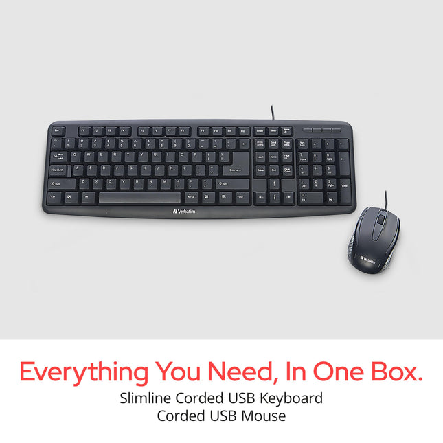 Verbatim Slimline Wired Keyboard and Mouse Combo USB Plug-and-Play Numeric Keypad Adjustable Tilt Legs Optical Corded Mouse Full-Size Computer Keyboard Compatible with PC, Laptop - FFP Packaging Black