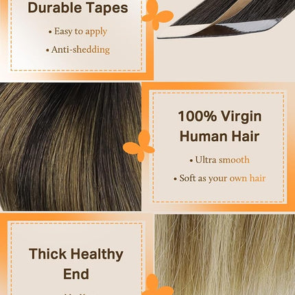 DOORES Tape in Hair Extensions Human Hair Balayage Dark Brown to Chestnut Brown and Dirty Blonde 18 Inch 50g 20pcs Real Natural Hair Extensions Tape in Remy Skin Weft Hair Extensions