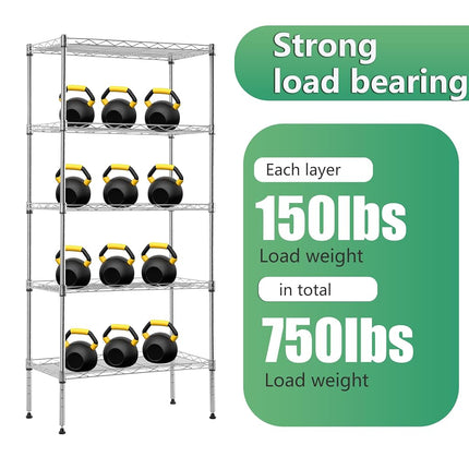 BestOffice | 5-Tier Wire Storage Shelves | 22x12x48 | Chrome | with Adjustable Racks | Heavy-Duty Metal Shelf, Holds Upto 750 lbs | No-Tool Assembly | Ideal for Home & Garage Shelving