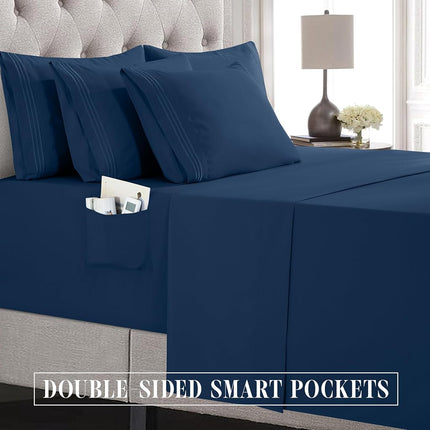 Elegant Comfort Luxury Soft 6-Piece 1500 Premium Hotel Quality Bed Sheet Set with Extra Deep Pockets 18-24 Inch, Wrinkle Free, Storage Pockets, Extra Deep Pocket 6PC Sheets, Full, Navy Blue