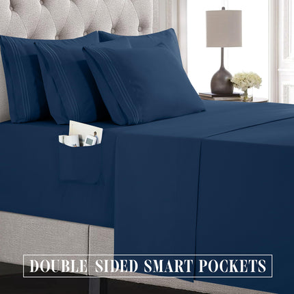 Elegant Comfort Luxury Soft 6-Piece 1500 Premium Hotel Quality Bed Sheet Set with Extra Deep Pockets 18-24 Inch, Wrinkle Free, Storage Pockets, Extra Deep Pocket 6PC Sheets, Full, Navy Blue