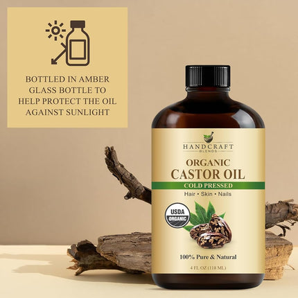 Handcraft Blends Cold-Pressed Organic Castor Oil in Glass Bottle with Lash Brushes - 118 ml - 100% Pure and Natural - Nourishing Bath & Body Oil for Skin, Hair & Nails, Eyelashes and Eyebrows