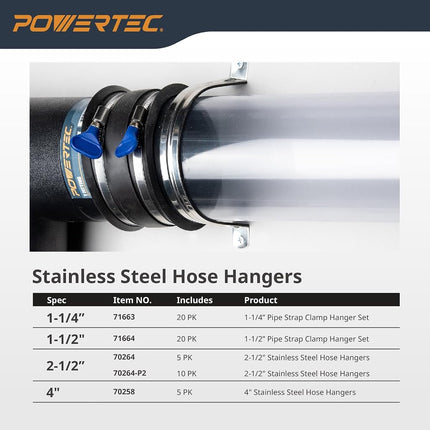 POWERTEC Clear PVC Pipe 2-1/2" x 36" Long, 1PK Plastic Tubing & 5PK Stainless Steel Pipe Straps w/Drywall Anchors & Screws Compatible w/Dust Collection Fittings - Hose for Woodworking Tools (70397)