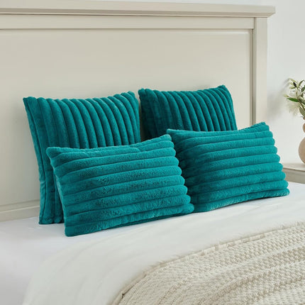 FUTEI Pack of 2 Fluffy Faux Fur Throw Pillow Covers 20x20 Inch Elegant Striped Textured Decorative Cushion Cases Modern Accent Pillow for Couch Bed Living Room, Teal