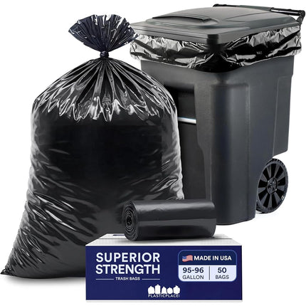 Plasticplace 95-96 Gallon Trash Bags on Rolls, 1.2 Mil, 61"W x 68"H, Black, 50/Case