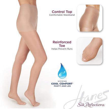 Hanes womens Silk Reflections Control Top Pantyhose Reinforced Toe 718 - Multiple Packs Available, Quicksilver 1-pack, C-D