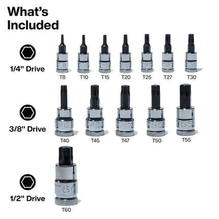 Klein Tools 65213TX Knurled TORX Bit Socket Set, T8 toT60, 1/4, 3/8 and 1/2-Inch Drives, Premium Cr-V Steel, MODBox Case, 13-Piece